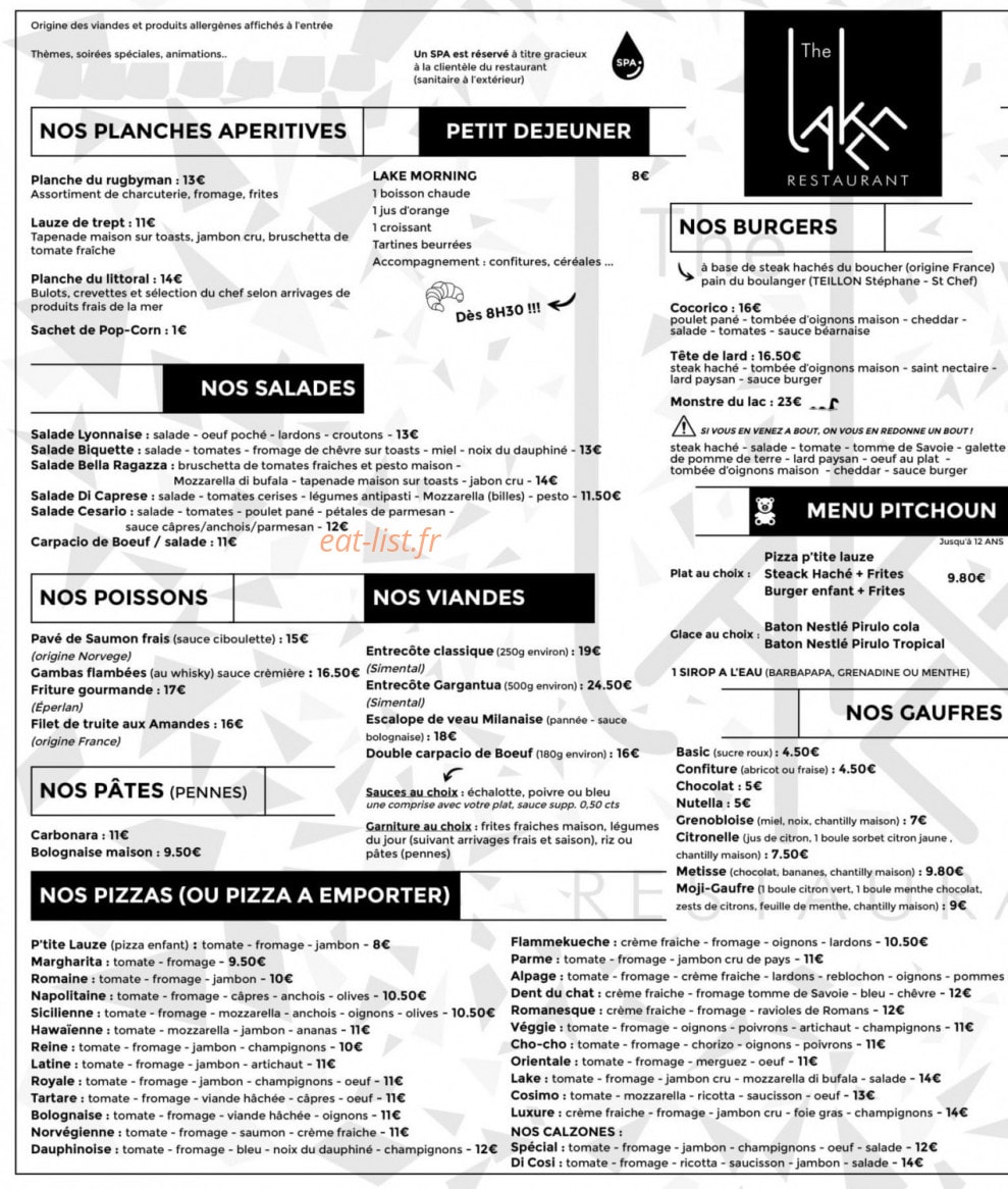 The Lake Restaurant — carte page 1