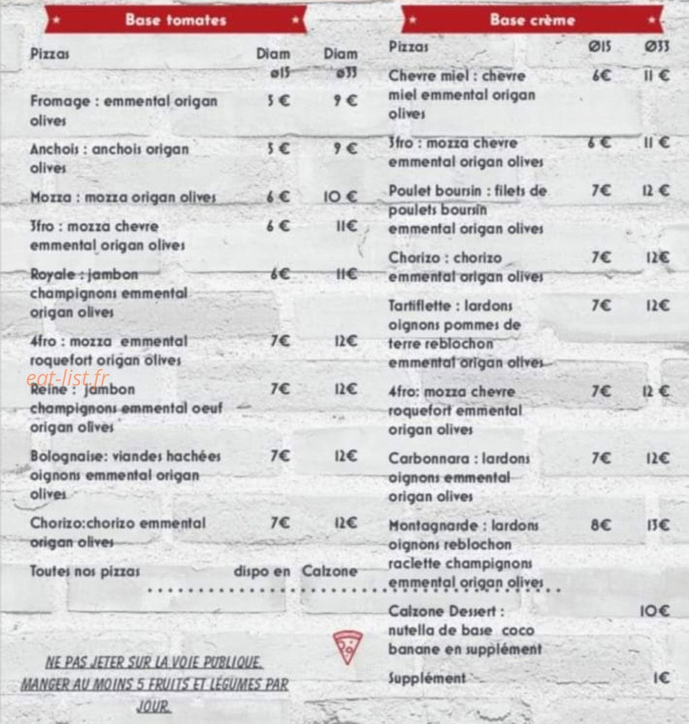 Carte et menu de Le bistrot de la gare à Le Pont de Beauvoisin — Les pizzas
