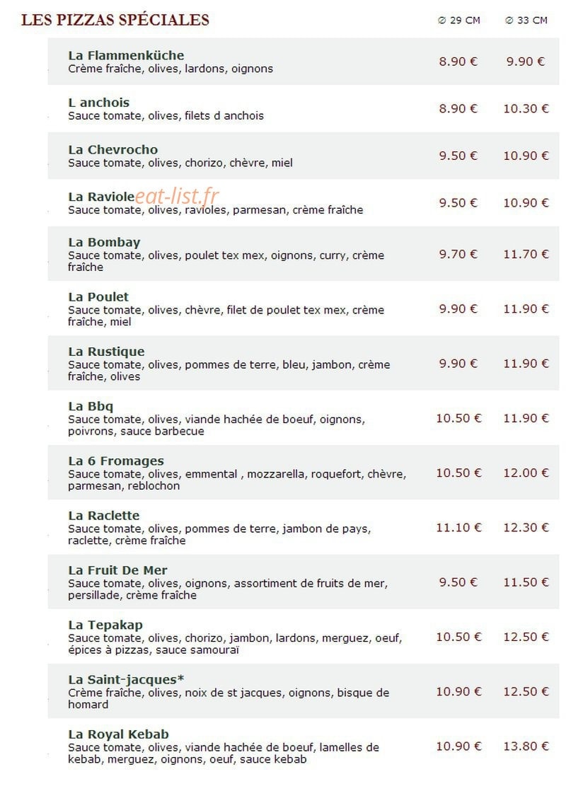 Carte et menu de Le Kiosque à Pizzas à Le Pont de Beauvoisin — Les pizzas spéciales