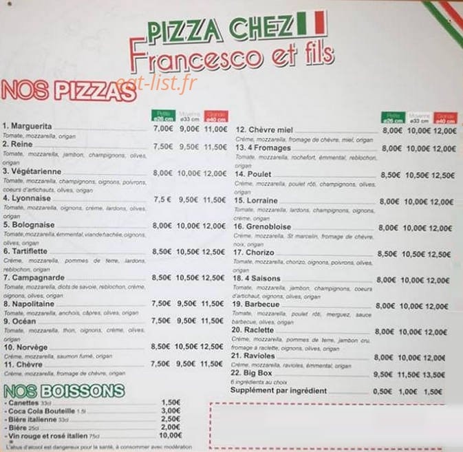 Pizza chez Francesco Et Fils — carte page 1