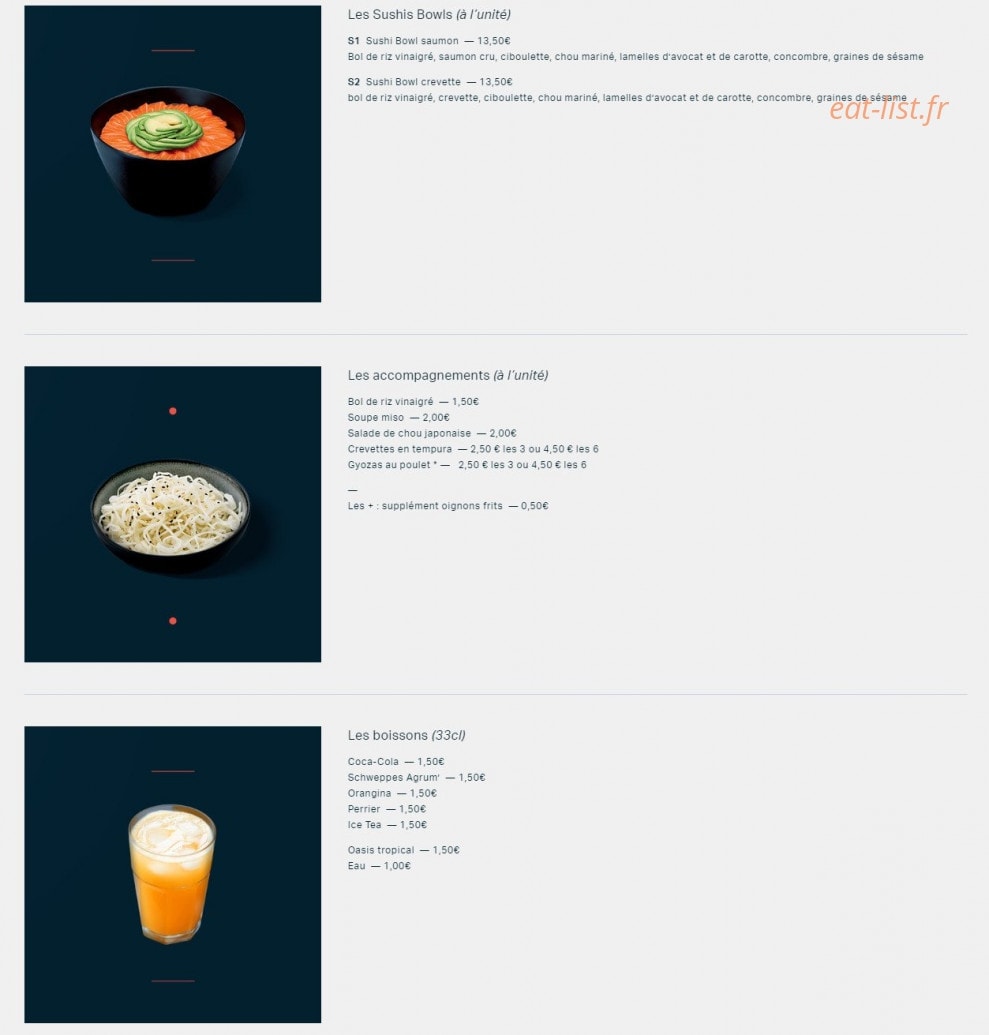 Carte et menu de Sushi Frenchy à Les Abrets — Les sushis bowls, accompagnements et boissons