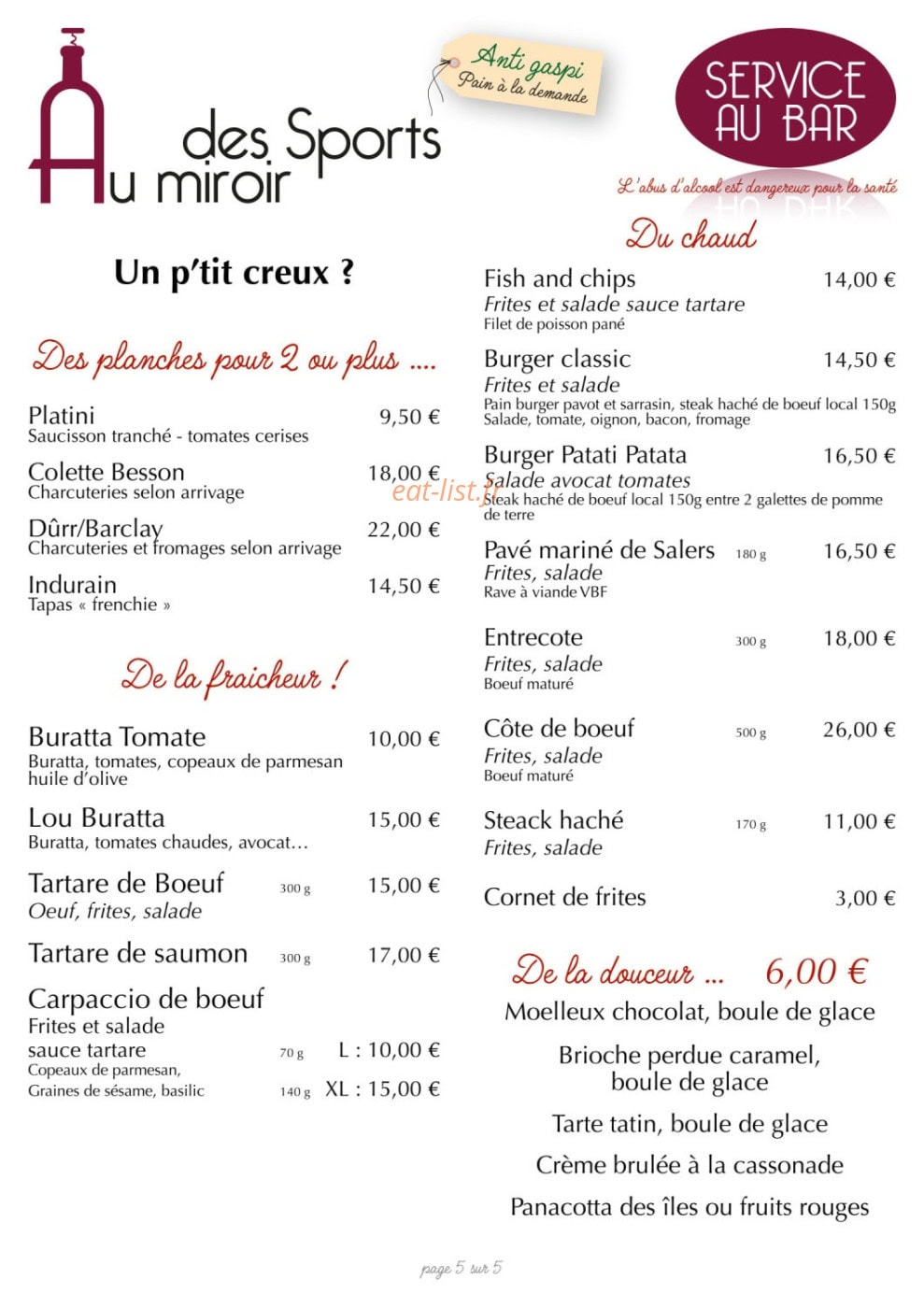 Carte et menu de Au miroir des sports à Saint Andre le Gaz — Les p'tits creux