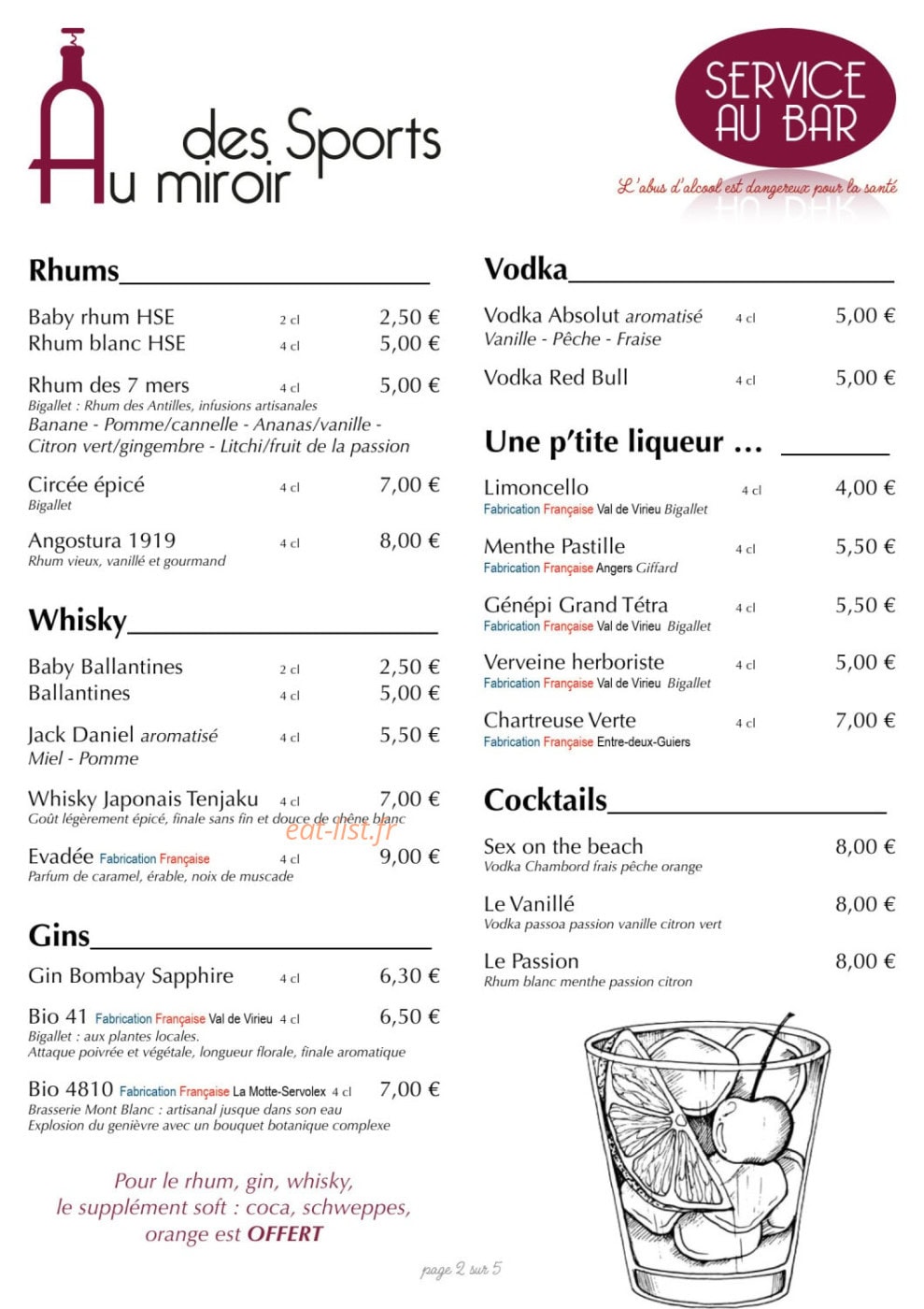 Carte et menu de Au miroir des sports à Saint Andre le Gaz — Les rhums, vodkas, ...