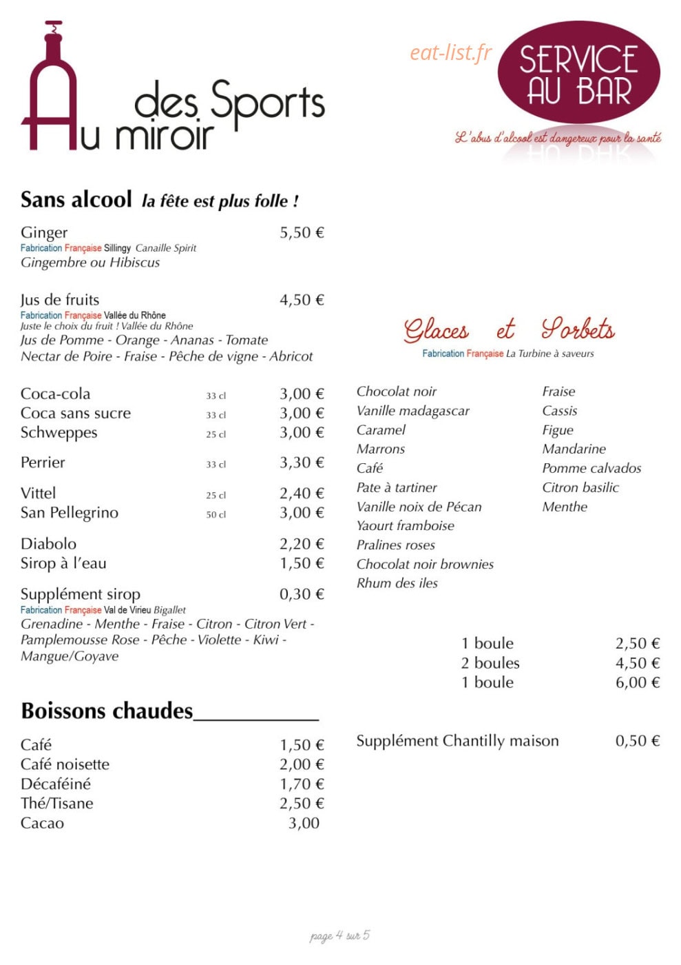 Carte et menu de Au miroir des sports à Saint Andre le Gaz — Les boissons chaudes, glaces, ...