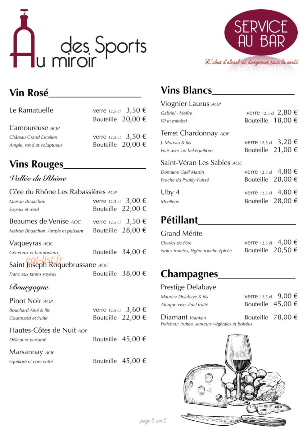 Carte et menu de Au miroir des sports à Saint Andre le Gaz — Les vins, champagnes, ...