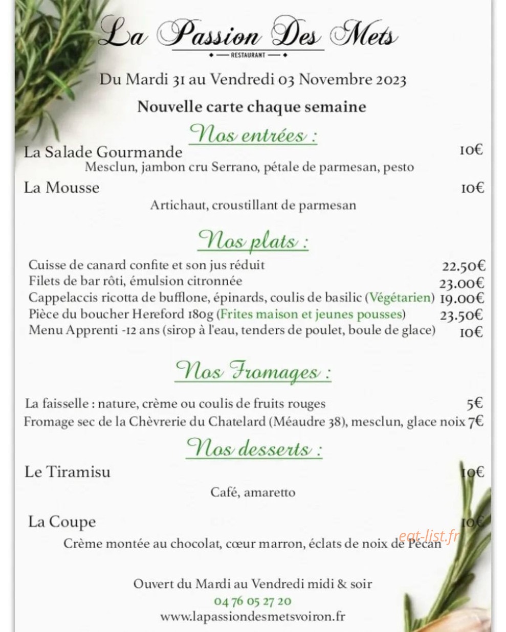 La Passion Des Mets — carte page 1