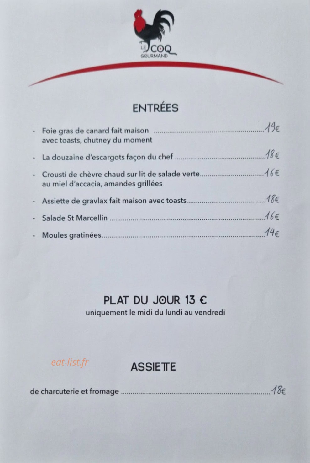 Le Coq Gourmand — carte page 1
