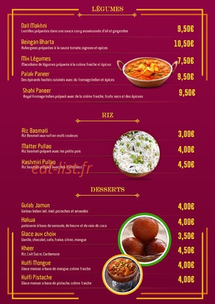 Le Bombay Restaurant — carte page 1