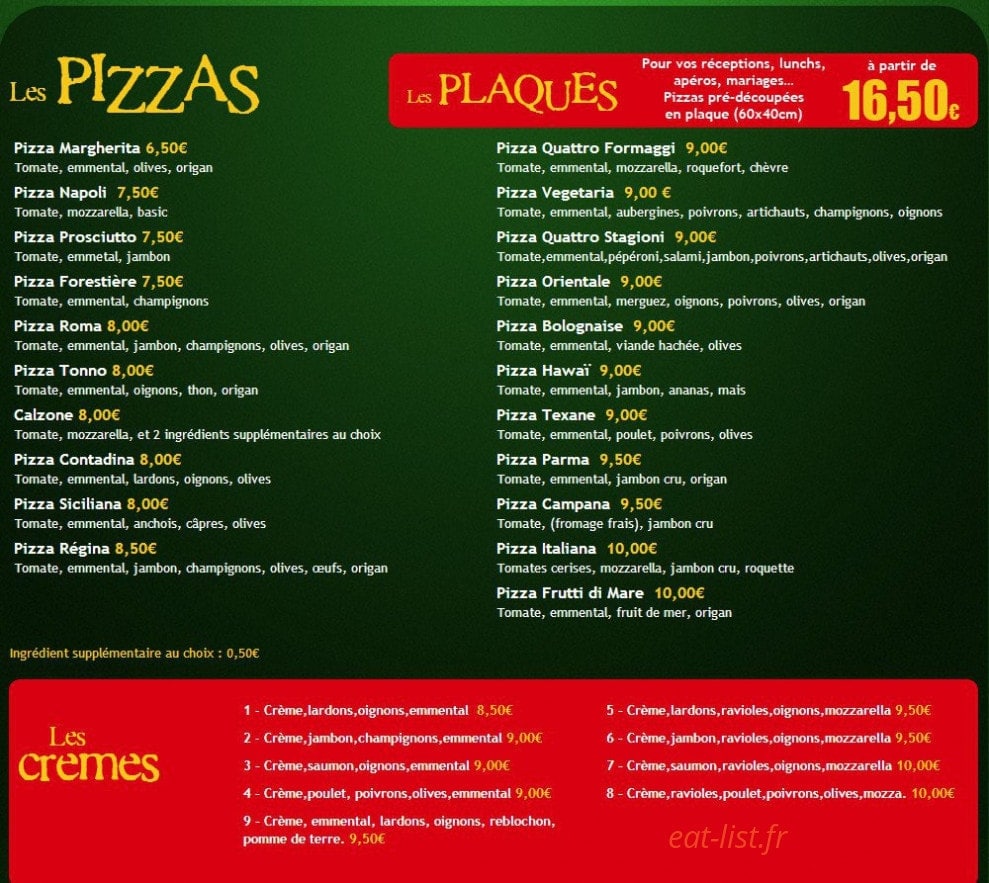 Carte et menu de L'Italiana pizzeria à Saint Maurice l'Exil — Les pizzas, les plaques et les cremes