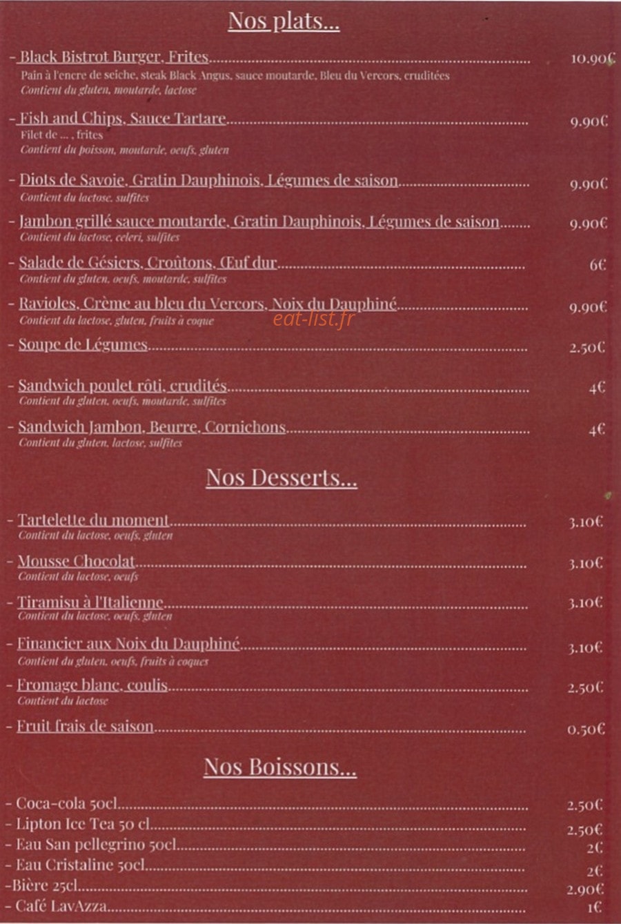 Carte et menu de Brasserie L'Entre Deux à Saint Etienne de Saint Geoirs — Les plats, desserts et boissons
