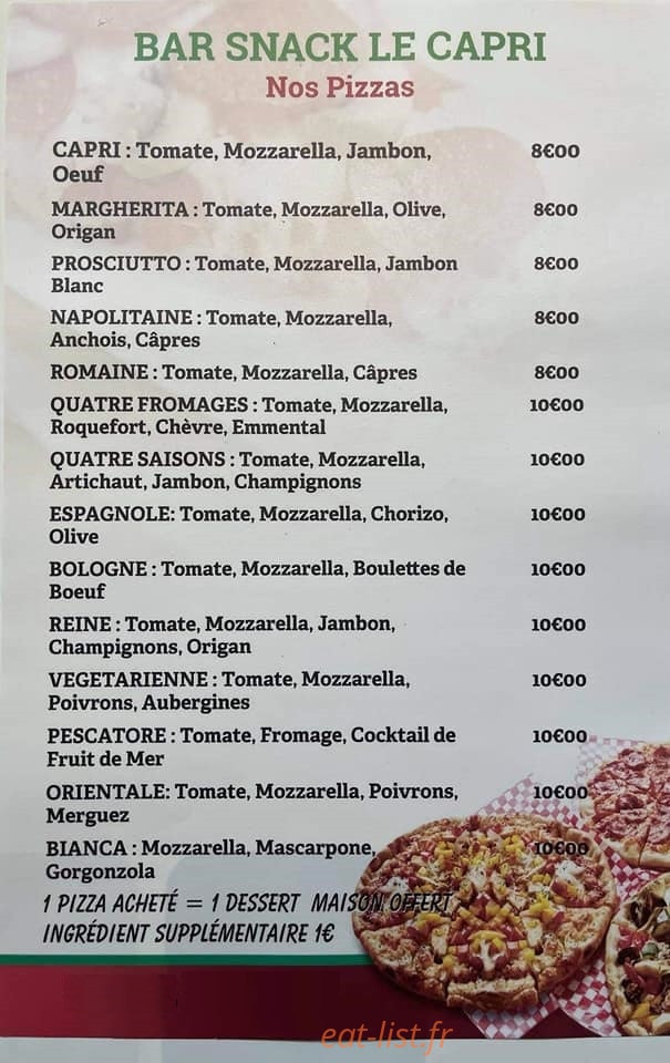 Carte et menu de Le Capri à Saint Etienne de Saint Geoirs — Les pizzas