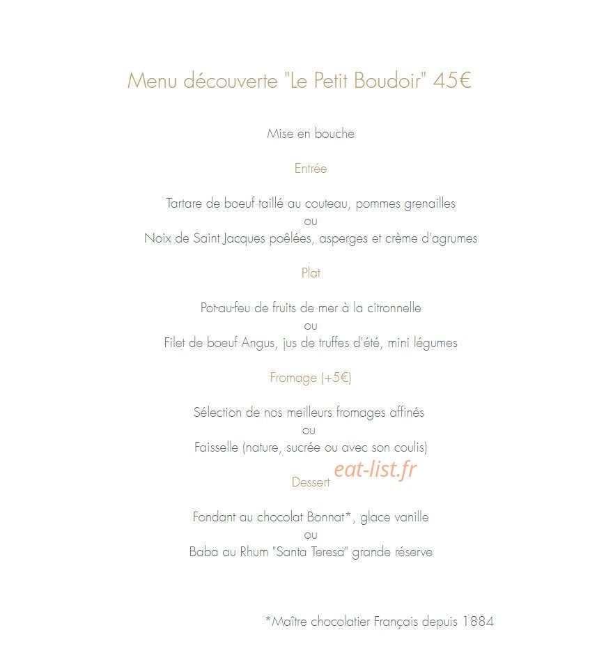 Carte et menu de Le petit boudoir à Saint Etienne de Saint Geoirs — Menu découverte