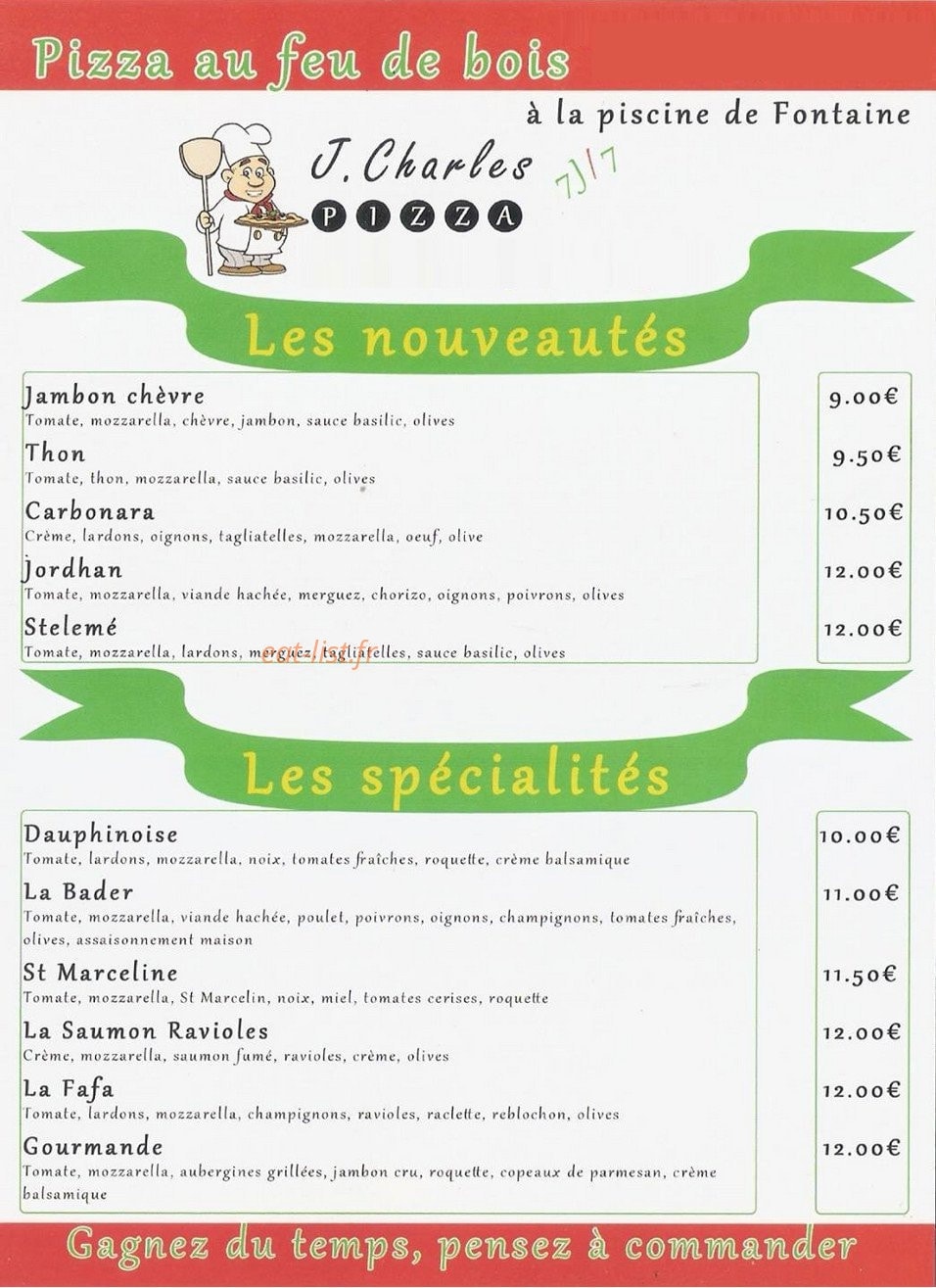 J Charles Pizza — carte page 1