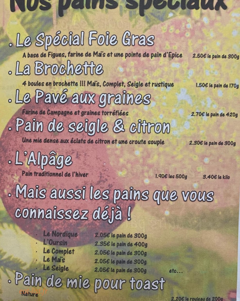 Carte et menu de Le Fournil du Père à Fontaine — Les pains spéciaux