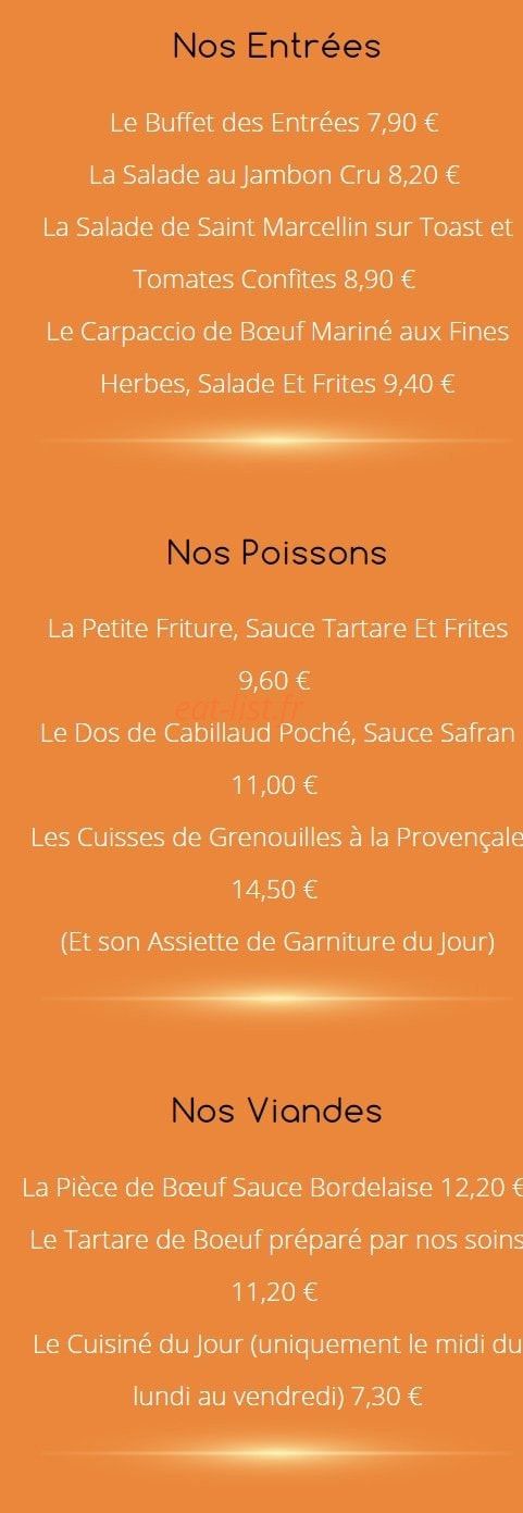 Carte et menu de Auberge des Avenières à Les Avenières Veyrins-Thuellin — Le entrées, les poissons et les viandes