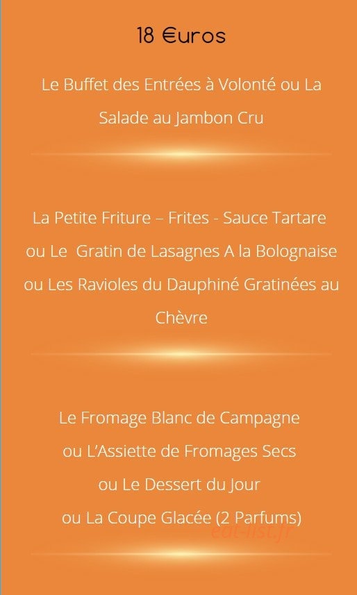 Carte et menu de Auberge des Avenières à Les Avenières Veyrins-Thuellin — Le menu à 18€