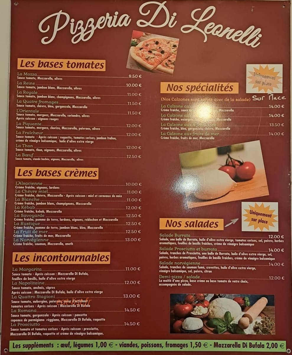 Carte et menu de Pizza Di Leonelli à Les Avenières Veyrins-Thuellin — La carte