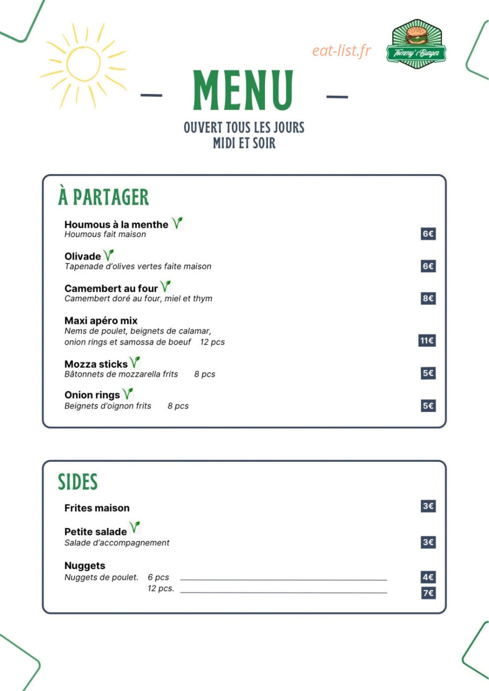 Tommy’s Burger — carte page 1