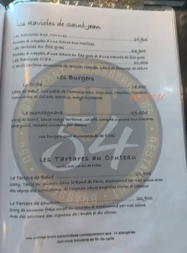 Carte et menu de Restaurant 0'54 à Le Touvet — Ravioles, burgers...