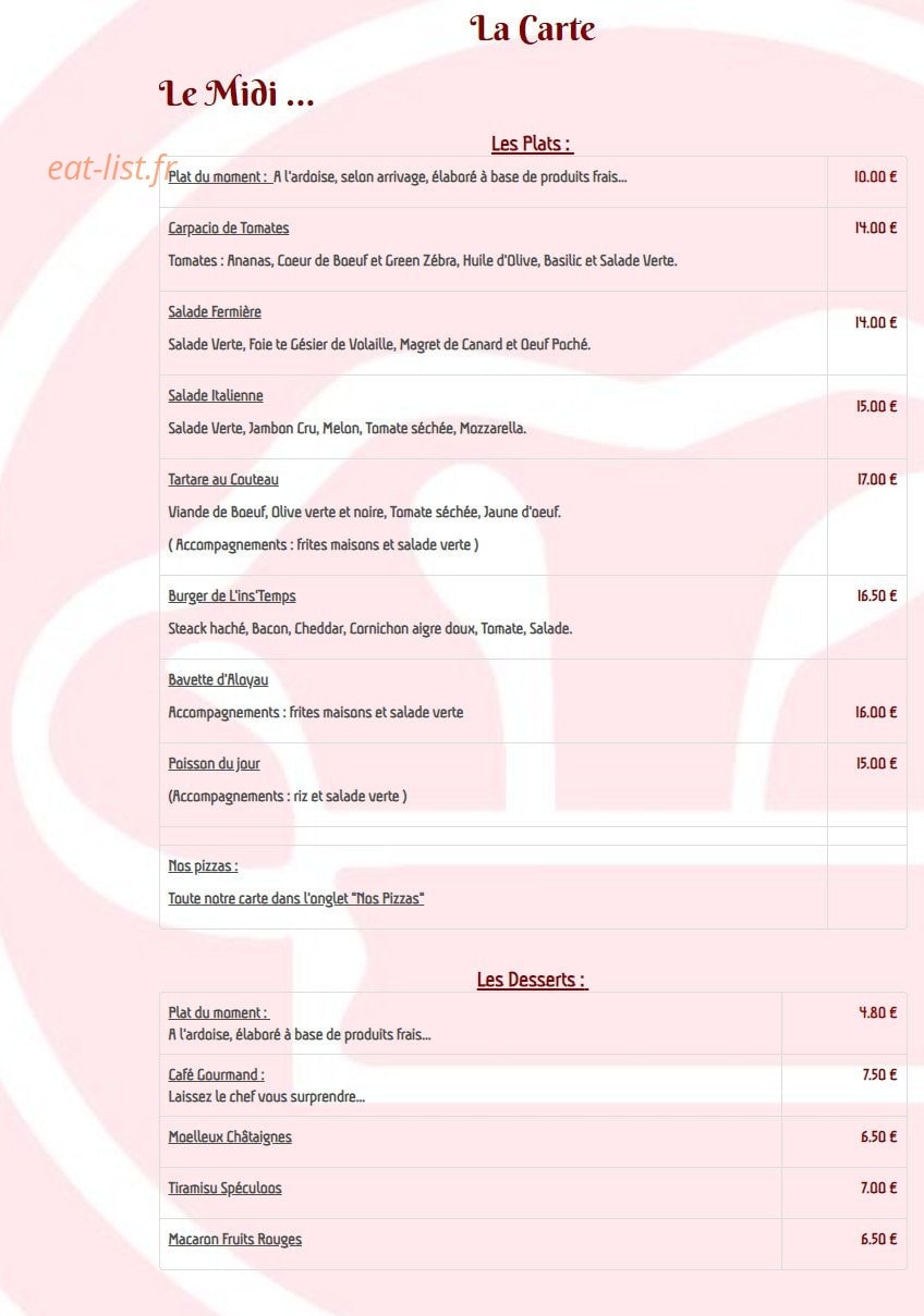 Restaurant L'Ins'Temps — carte page 1