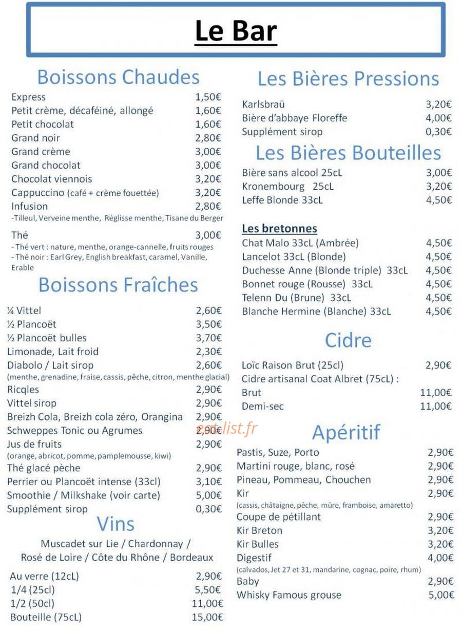 Carte et menu de Hotel bar Aux Voyageurs à Saint Vincent de Mercuze — le bar