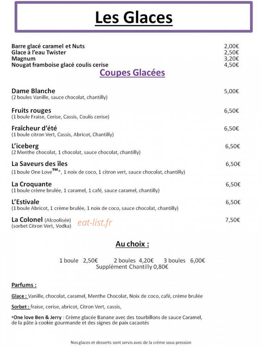 Carte et menu de Hotel bar Aux Voyageurs à Saint Vincent de Mercuze — Les glaces