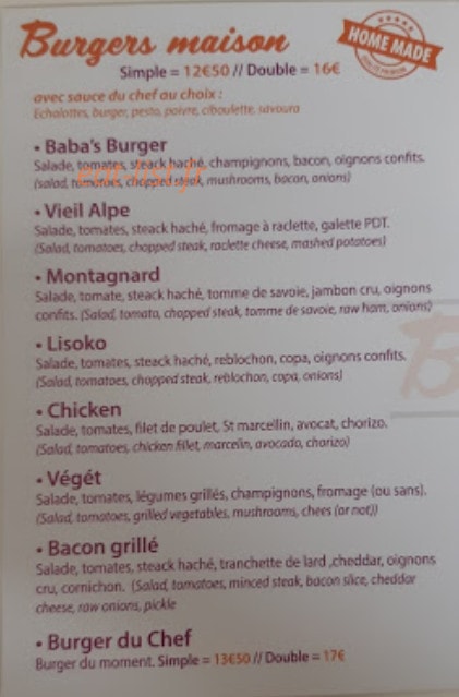 Baba's Burger — carte page 1