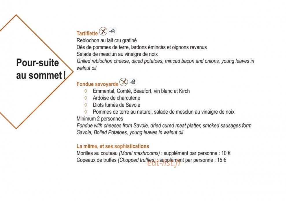 Carte et menu de L’Espérance des Grandes Rousses à L' Alpe d'Huez — Poure suite au sommet