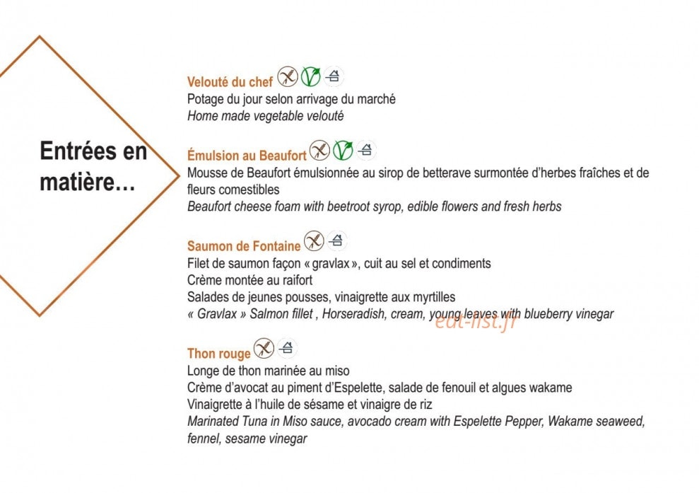 Carte et menu de L’Espérance des Grandes Rousses à L' Alpe d'Huez — les entrées