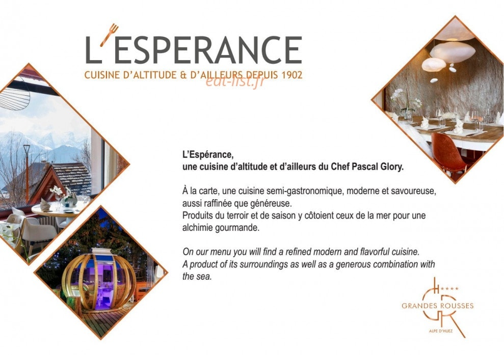 Carte et menu L’Espérance des Grandes Rousses L' Alpe d'Huez