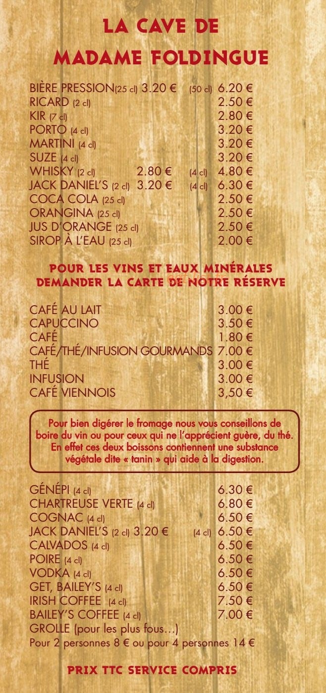 Carte et menu de La Fondue en Folie à L' Alpe d'Huez — Les vins