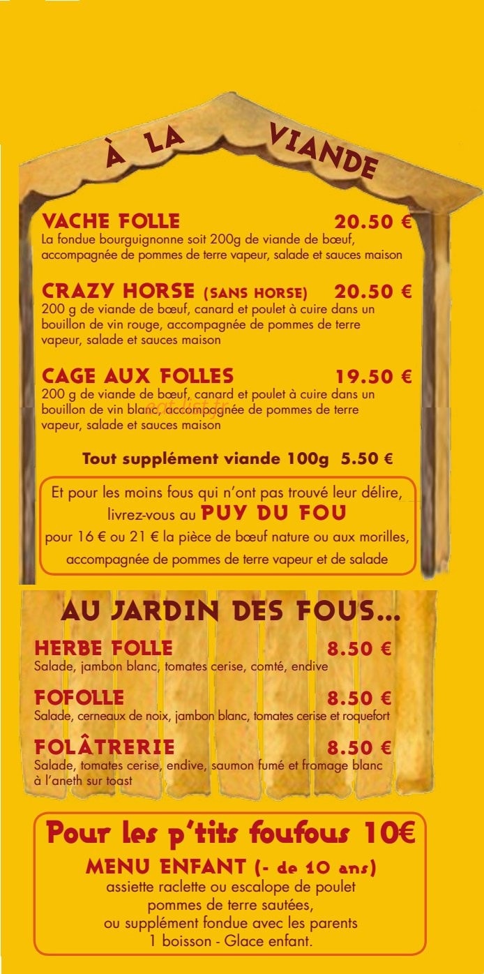 Carte et menu de La Fondue en Folie à L' Alpe d'Huez — Les fondues à la viande