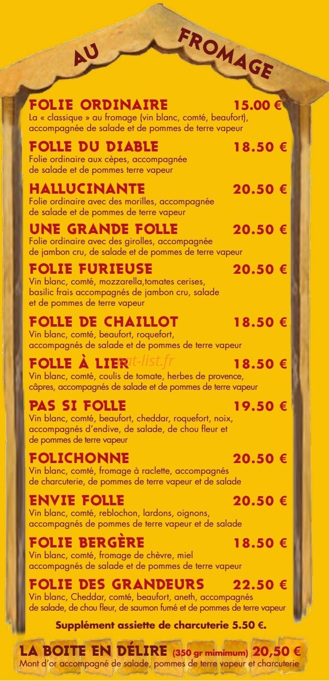 Carte et menu de La Fondue en Folie à L' Alpe d'Huez — Les fondues au fromage