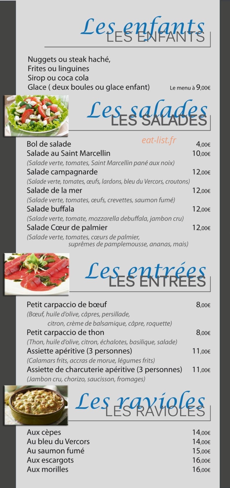 Carte et menu de La Riviera à Varces Allieres et Risset — Les enfants, salades, entrées,...
