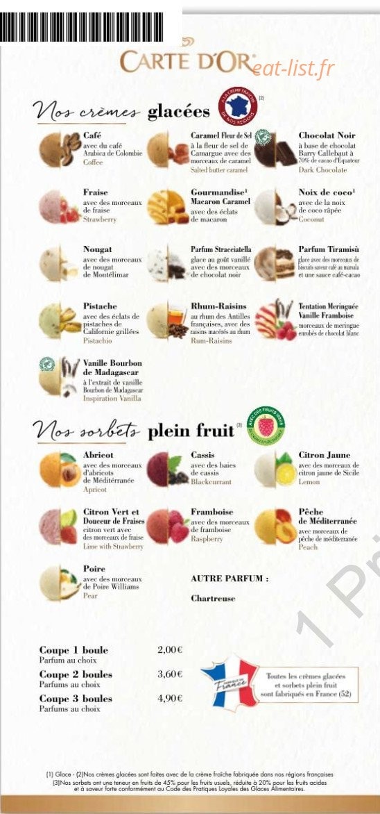 Carte et menu de La Riviera à Varces Allieres et Risset — Les crèmes glacées et sorbets