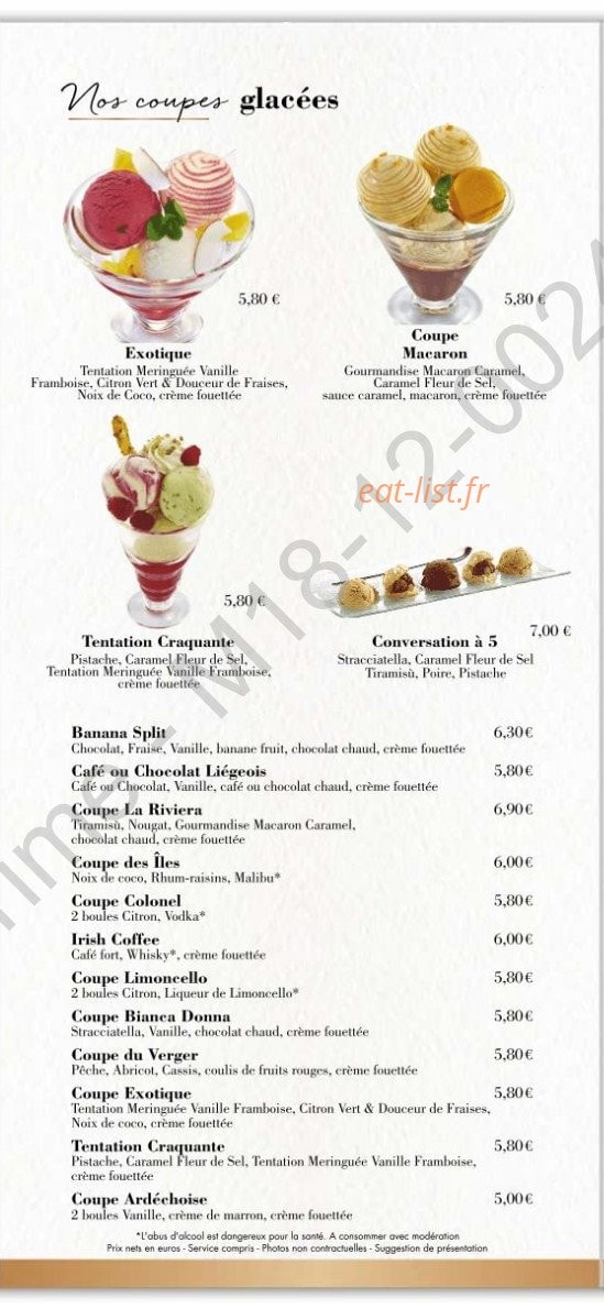 Carte et menu de La Riviera à Varces Allieres et Risset — Les coupes glacées