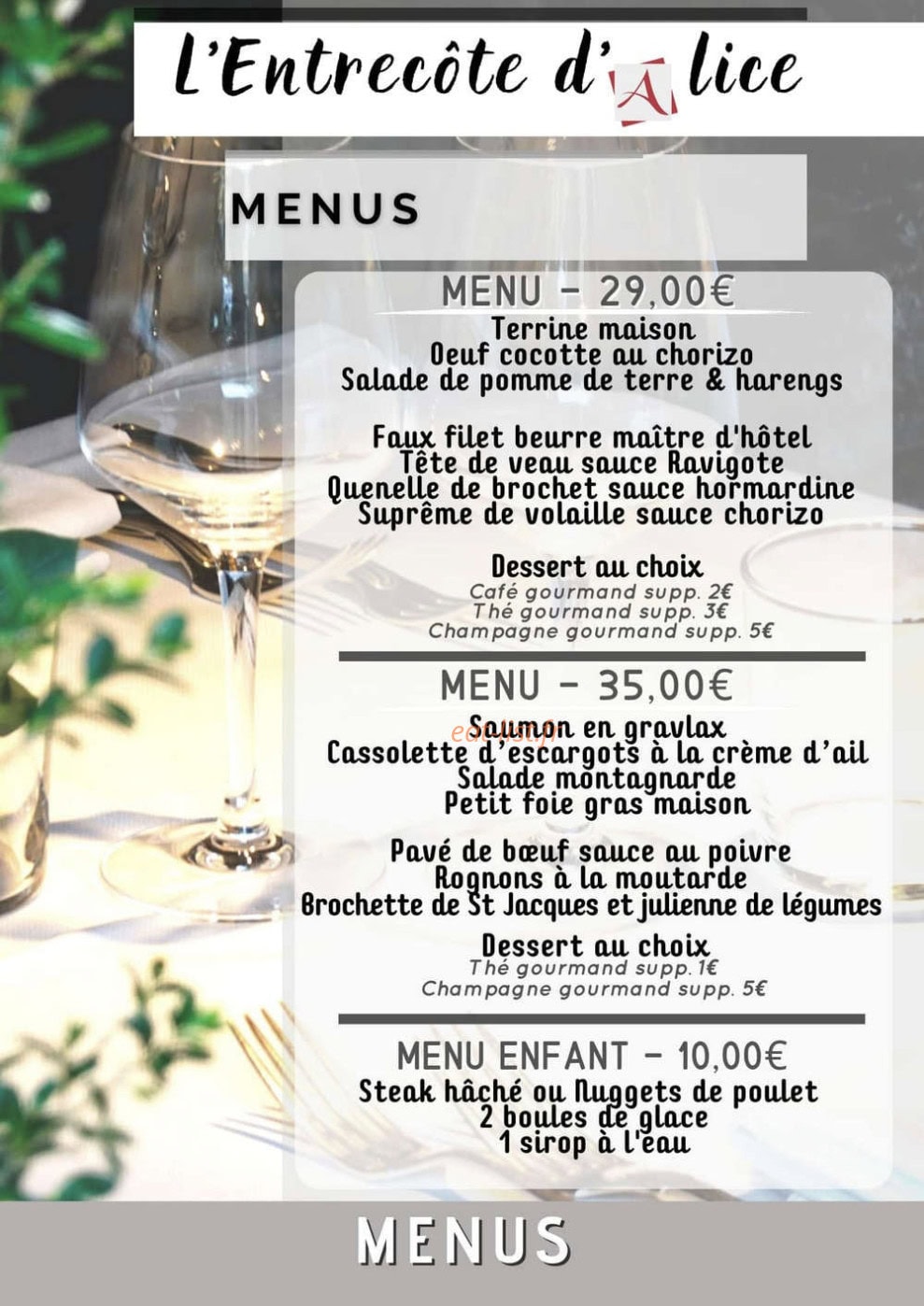 L’Entrecôte d’Alice — carte page 4
