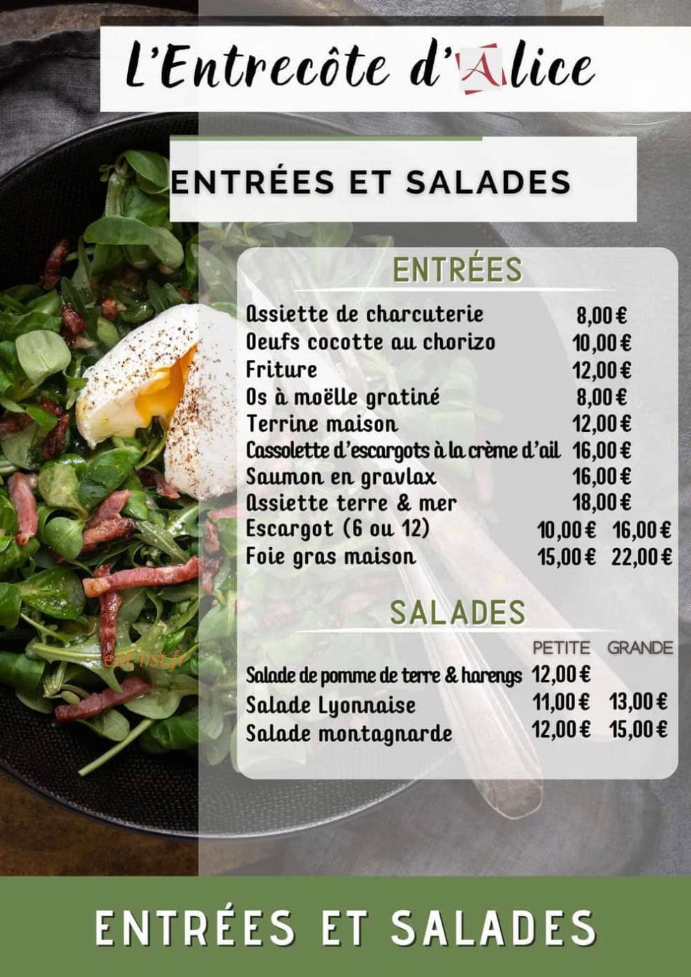 L’Entrecôte d’Alice — carte page 1