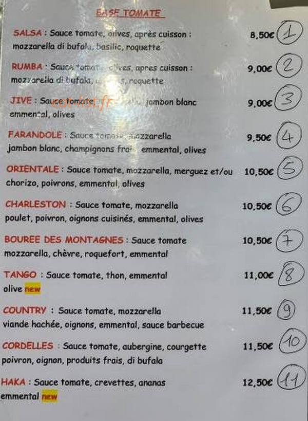 Pizza Bailé — carte page 1