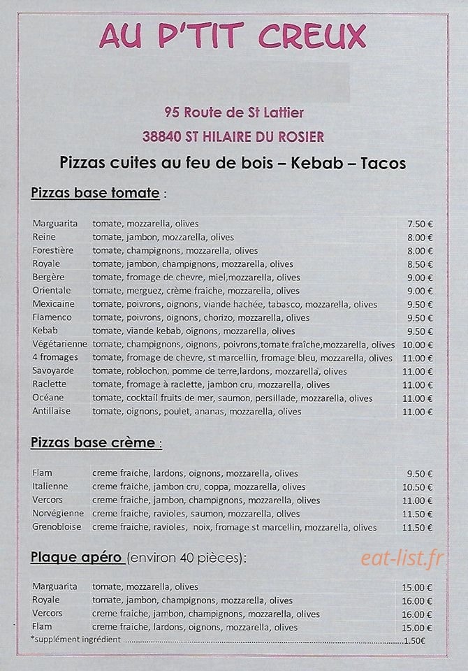 Carte et menu de Au P'tit Creux à Saint Hilaire du Rosier — les pizzas