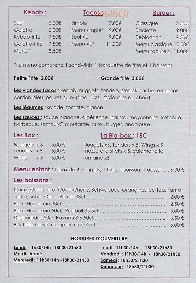 Carte et menu de Au P'tit Creux à Saint Hilaire du Rosier — les kebas et tacos,...