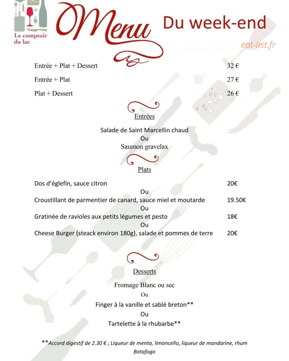 Le Comptoir du Lac — carte page 1