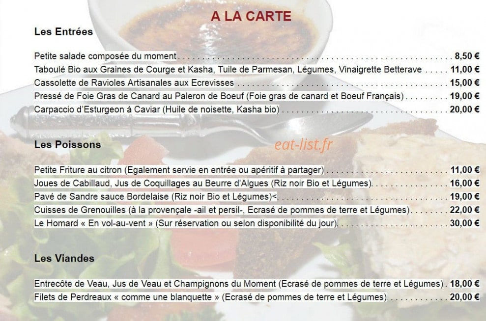 Carte et menu de L'enVol au Vent à Villages du Lac de Paladru — les entrées et poissons, viandes