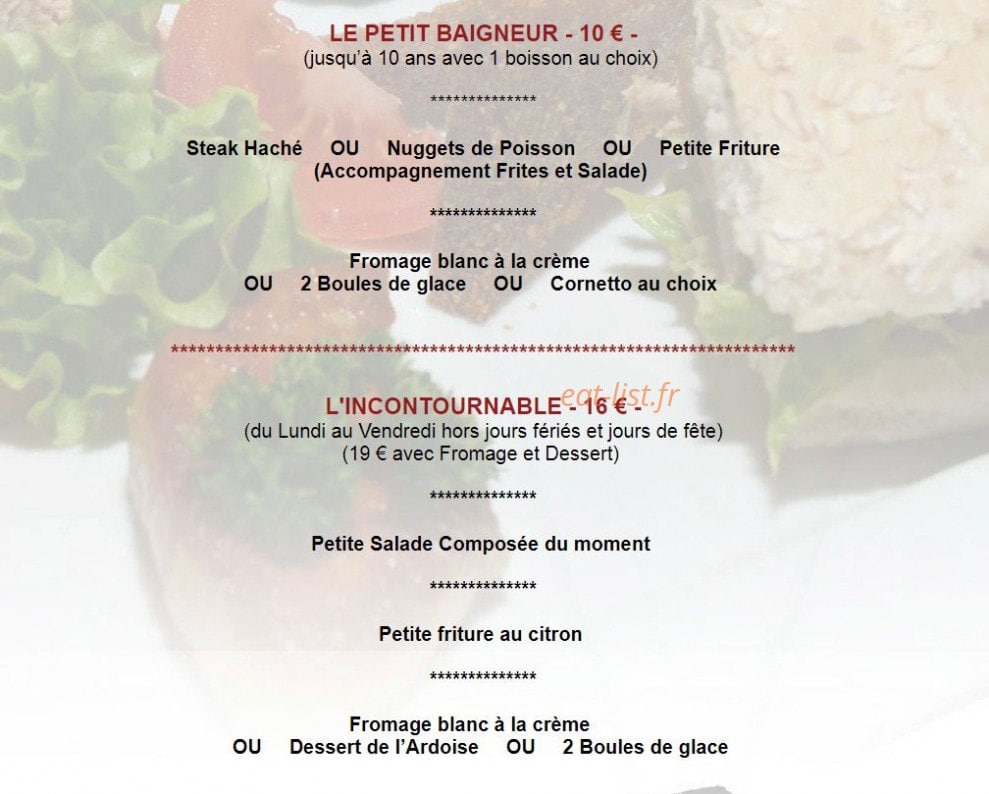 Carte et menu de L'enVol au Vent à Villages du Lac de Paladru — le petite baigneur,..
