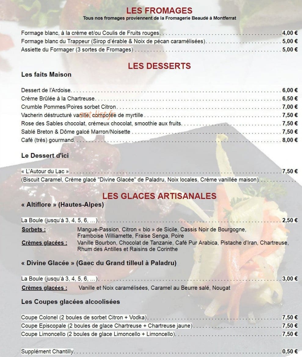 Carte et menu de L'enVol au Vent à Villages du Lac de Paladru — les fromages et desserts,...