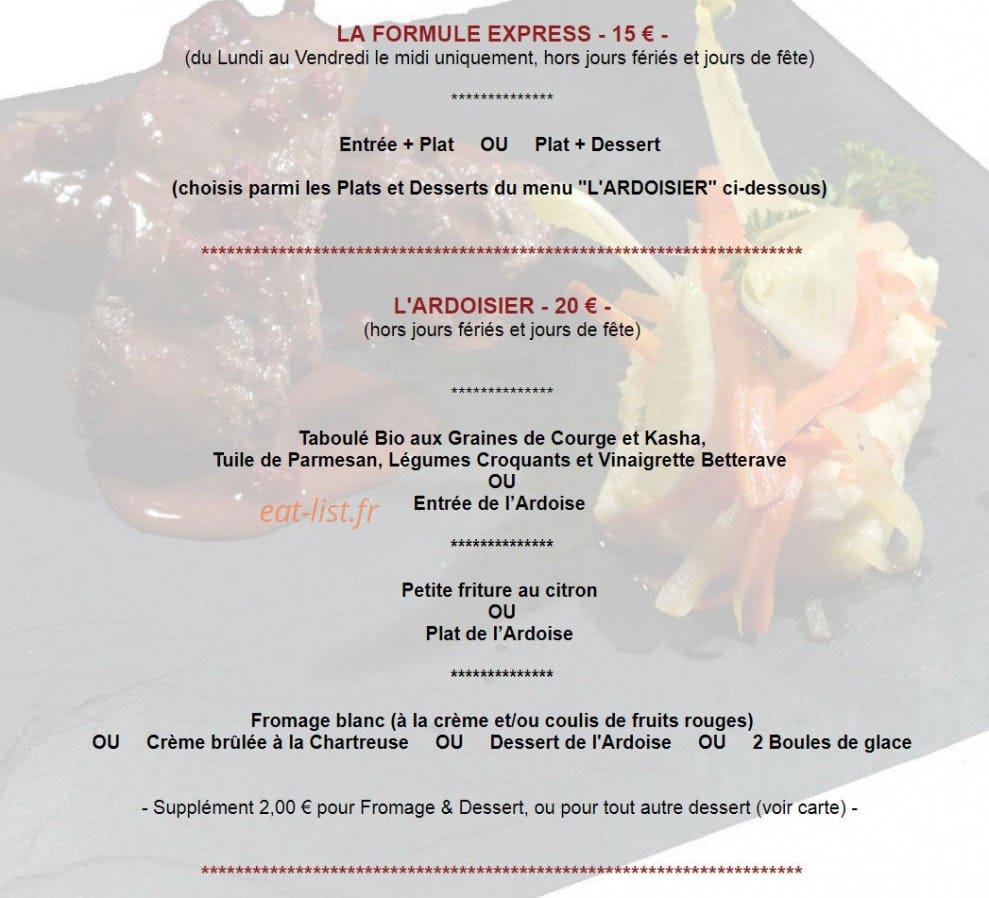 Carte et menu de L'enVol au Vent à Villages du Lac de Paladru — Les formules express et l'ardoiser
