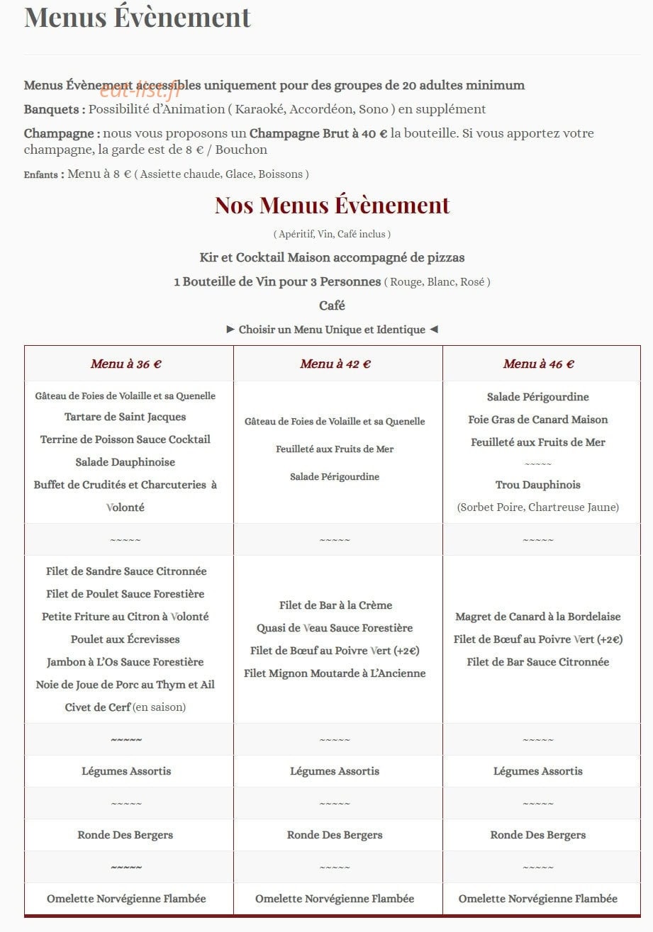 Carte et menu de Le Relais de la Tourelle à Villages du Lac de Paladru — Les menus évènements