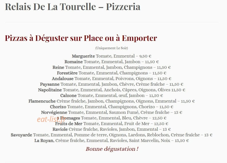 Carte et menu de Le Relais de la Tourelle à Villages du Lac de Paladru — Les pizzas