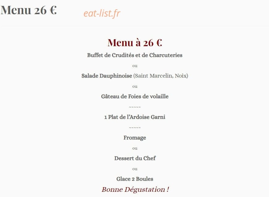 Carte et menu de Le Relais de la Tourelle à Villages du Lac de Paladru — Le menu 26€