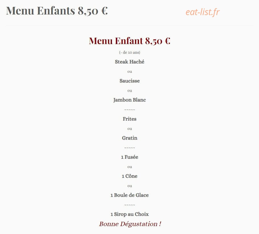 Carte et menu de Le Relais de la Tourelle à Villages du Lac de Paladru — Le menu enfant